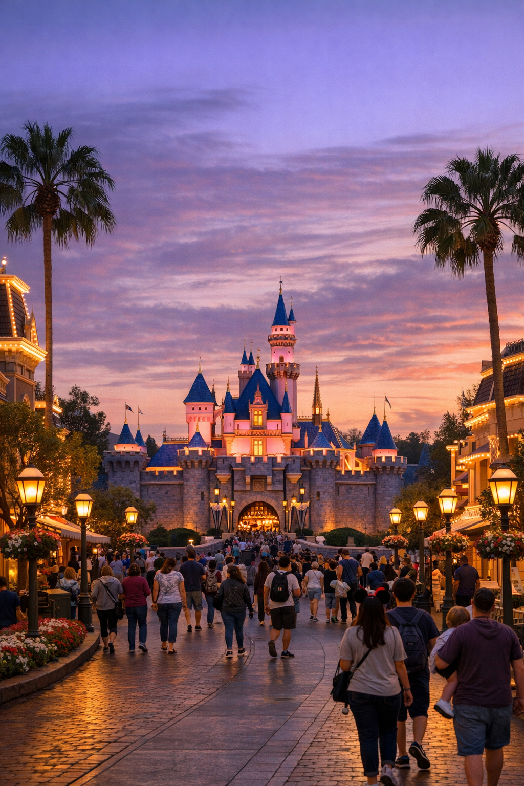 Disneyland California castle in Anaheim at dusk