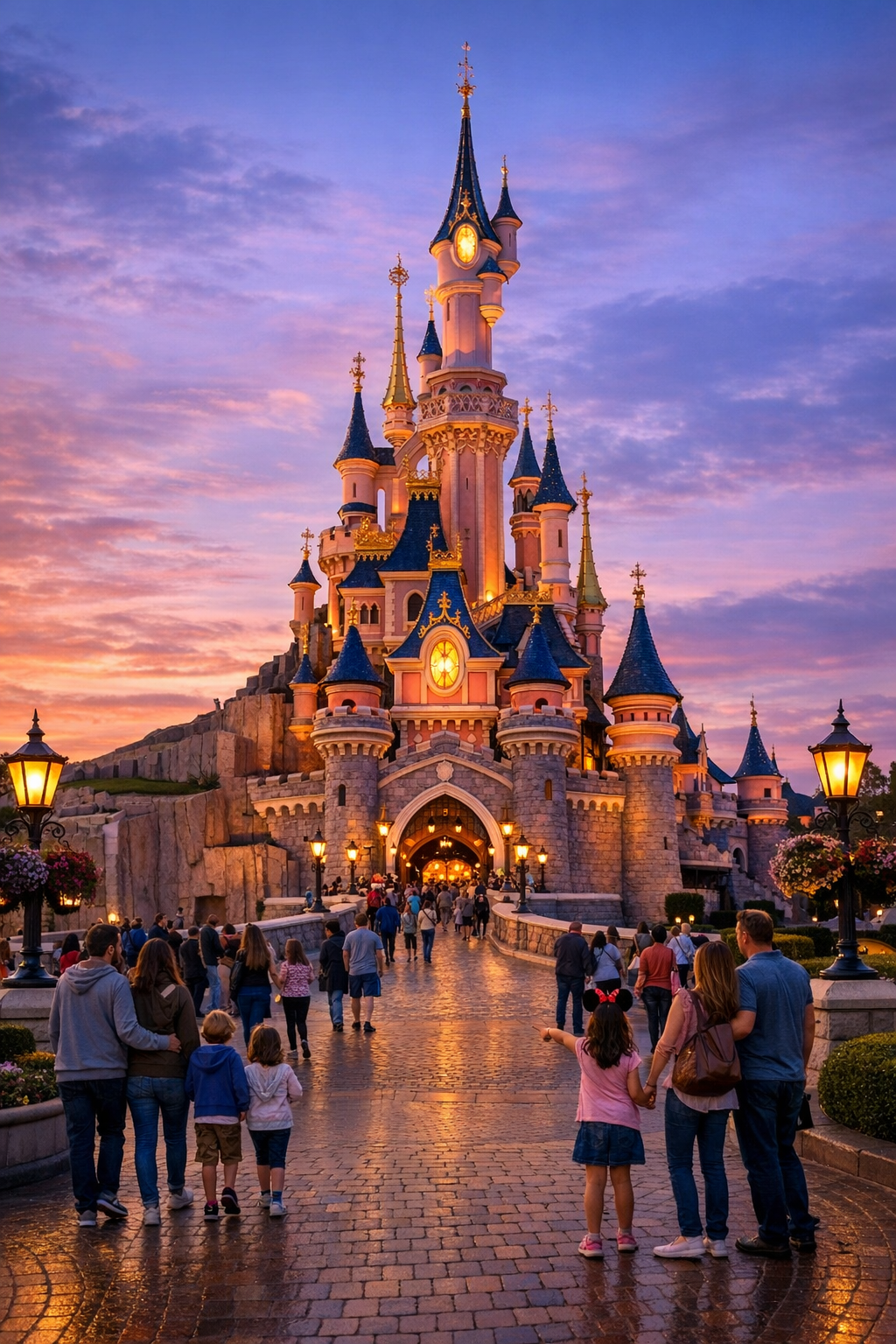 Disneyland Paris fairy-tale castle at dusk