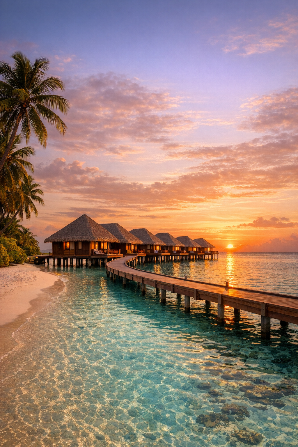 Maldives overwater villas and lagoon